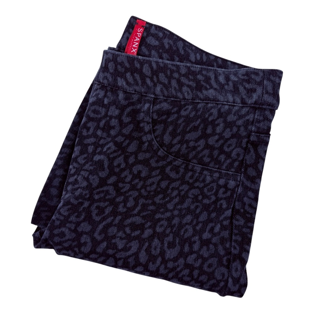 Spanx Jean-ish Ankle Jeggings Blue Leopard‎ Print Stretch Skinny Pants Medium